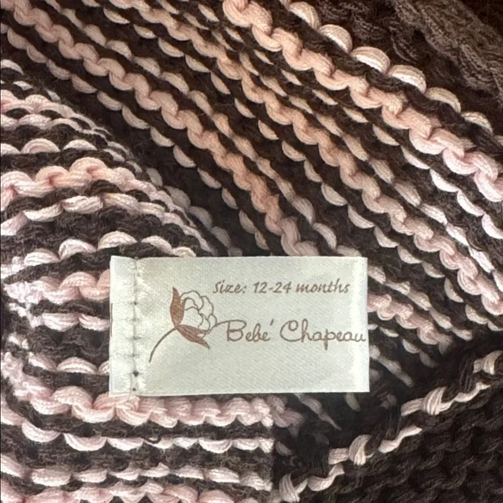 Bebe Chapeau Toddler Girl Patterson Hat Pink Brown Pom Poms 12-24 months NEW